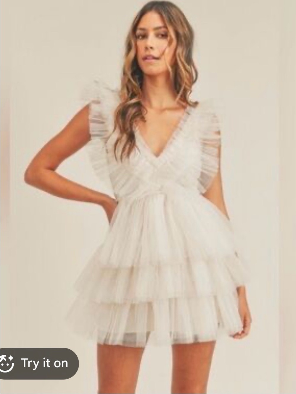 MABLE Cream Tiered Tulle V-Neck Mini Dress Small